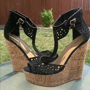 Black laser cut faux suede and cork wedge 7.5